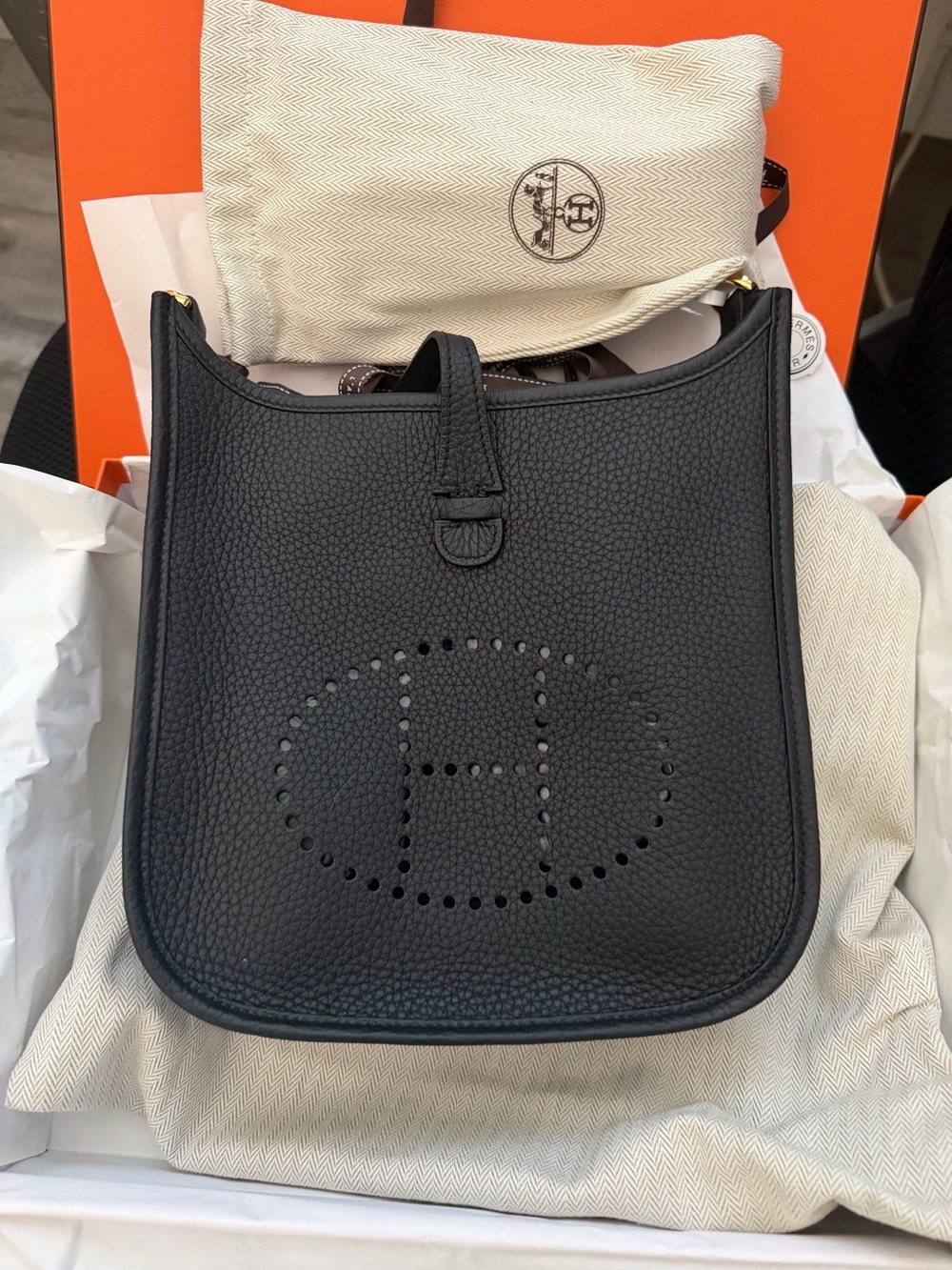 Hermes Black Perforated 'H' Evelyne Crossbody Bag 23 -New
